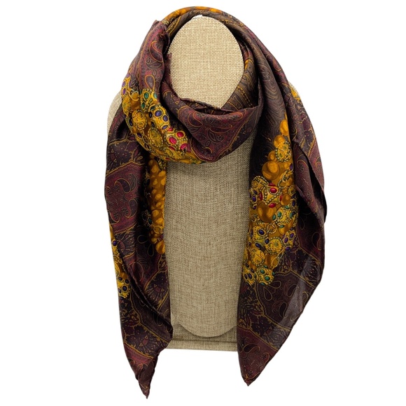 CHANEL BROWN / BURGUNDY / GOLD MULTI JEWEL PRINT SQUARE SILK TWILL SCARF - Picture 3 of 7